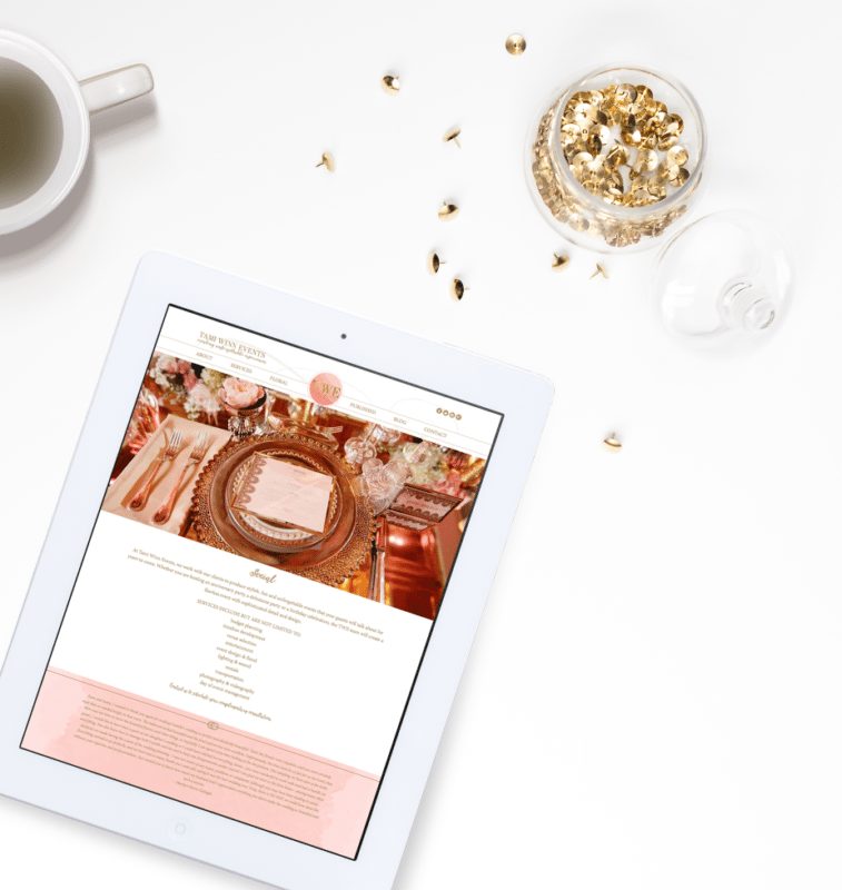 luxurious wedding planner website, gold and blush, watercolor, wordpress website